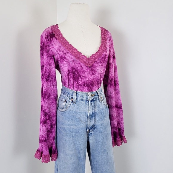 Y2K pink tie dye long sleeve top V-neck fairycore bell angel sleeves - Picture 9 of 14